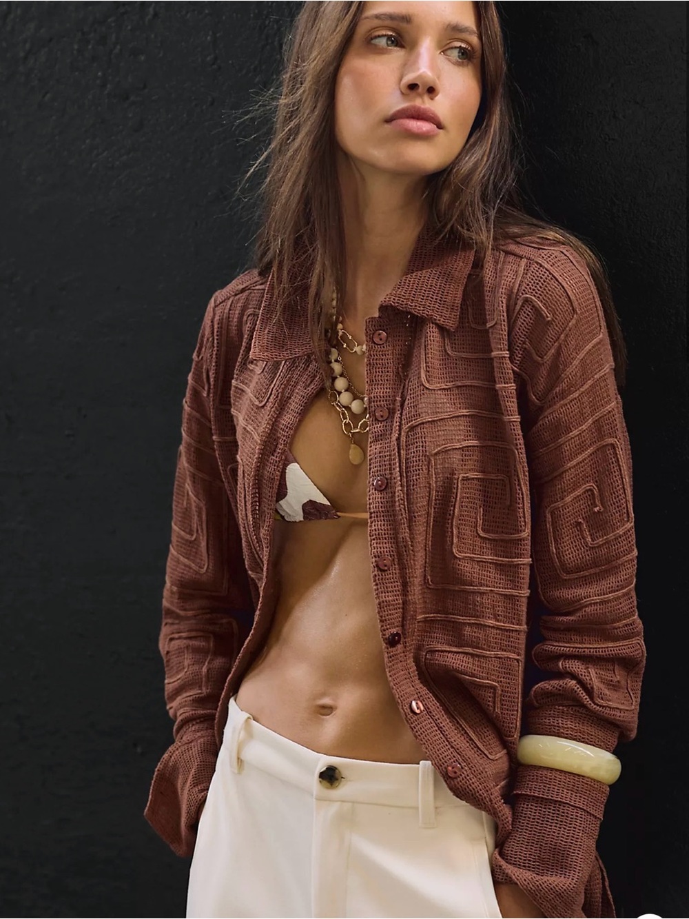 We The Free Chocolate Brown Button-Down Knit Shirt